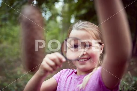 Girl At Outdoor Activity Camp Studying Pine Cone With Magnifying Glass Stock Photos