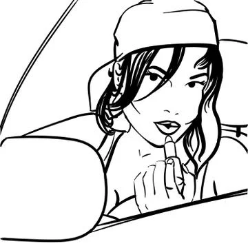 A girl paints her lips with a pomade in a car Stock Illustration