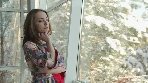 Girl at Panoramic Windows Stock Footage 67209949