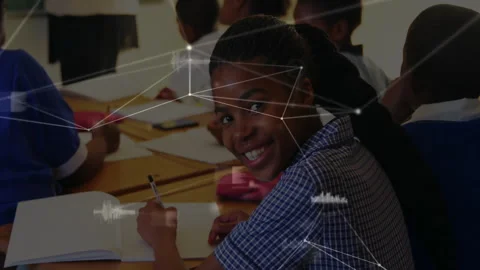 Girl pausing and glancing at board for solving problem with network lines Stock Footage 312360904