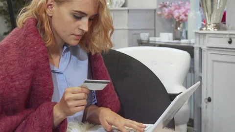 The girl is paying with her credit card Stock Footage