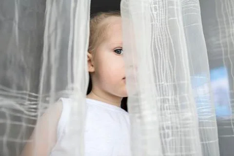 Girl peeking between translucent curtains Stock Photos