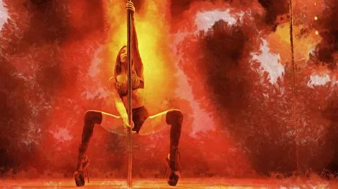 The girl performs a pole dance. Red-yellow lighting Stock Illustration