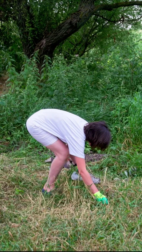 Girl picking up discarded plastic bottle Stock Footage 340577042
