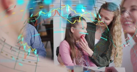 Girl picking red apple while mother guiding bite, financial graphs animating, Stock Footage 316887049