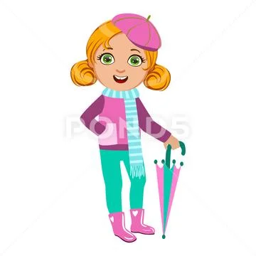 Girl In Pink And Blue Outfit, Kid In Autumn Clothes In Fall Season Enjoyingn Stock Illustration