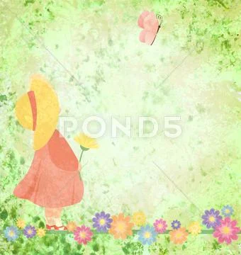Girl in pink dress and yellow hat with flowers and butterfly on green grunge Stock Illustration