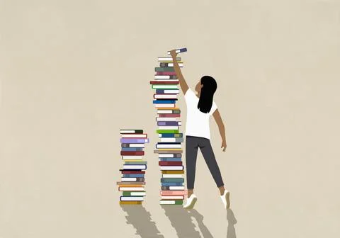 Girl placing book on large stack against beige background Illustrazione stock