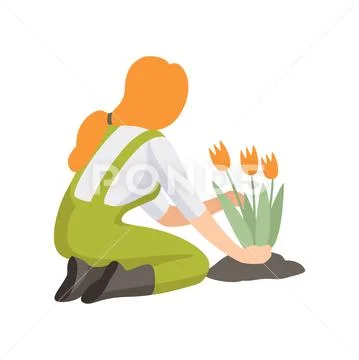 Girl planting tulip flowers, people working in the garden vector Illustration Stock Illustration