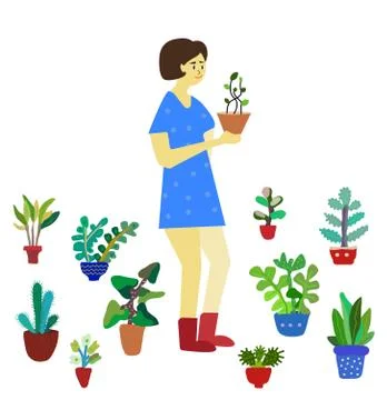 Girl with plants - florist or gardener, flat vector illustration Stock Illustration