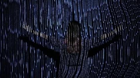 Girl play with interactive video installation Video stock 71435874