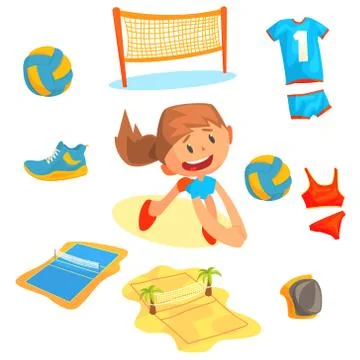 Girl playing with a ball at beach volleyball set for label design. Sports Stock Illustration