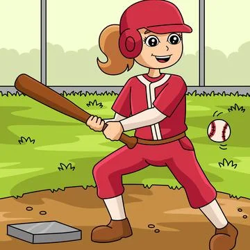 Girl Playing Baseball Colored Cartoon Illustrazione stock