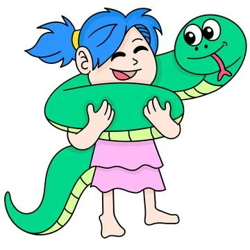 The girl playing with the big pet python, doodle icon image kawaii Illustrazione stock
