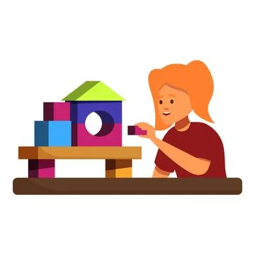 Girl playing with building blocks, developing creativity and motor skills Stock Illustration