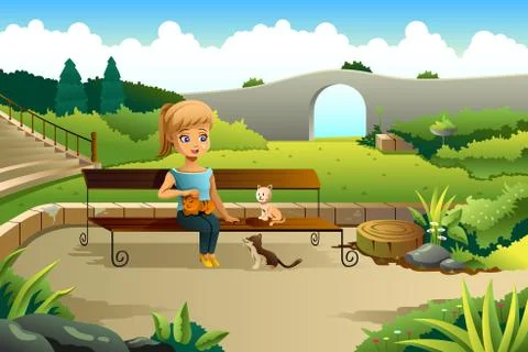 Girl Playing with Cats Stock Illustration