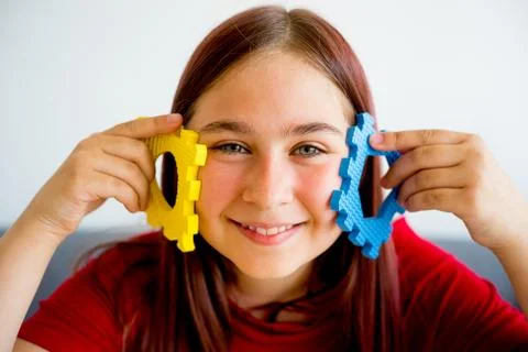 Girl playing with constructor Stock Photos