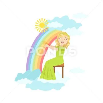 Girl Playing Harp With Rainbow And Clouds Decoration Stock Illustration