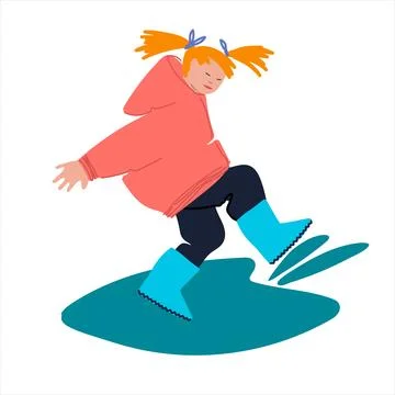 Girl playing in puddle. Vector illustration in flat style. Children having .. Stock Illustration