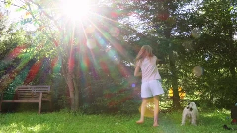 Girl playing with soap bubbles while her dog runs in a sunlit garden Stock Footage 299710495