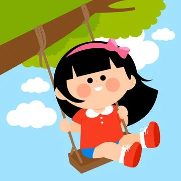 Girl playing on a tree swing. Vector illustration Stock Illustration