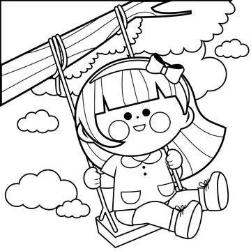 Girl playing on a tree swing. Vector black and white coloring page. Stock Illustration