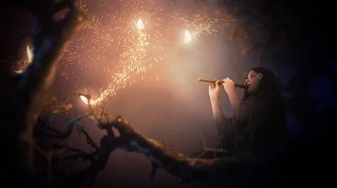 Girl plays a flute while magical butterflies fly around. Clip B. Colorful. Stock Footage 44561734