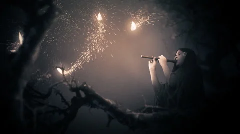 Girl plays a flute while magical  butterflies fly around. Clip C. Monochrome. Stock Footage 44561742