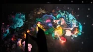 Girl Plays With An Interactive Video Installation. Art Form, Generative Graphics Stock Footage