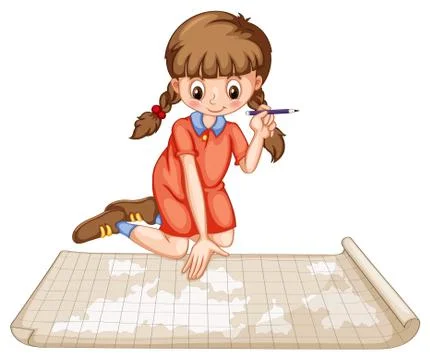 Girl plotting on map Ilustración de archivo