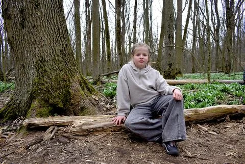A girl poses while sitting on a tree trunk in the forest against a backdrop.. Stock-Fotos