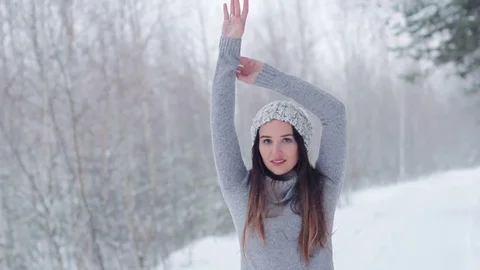 Girl posing in the forest snow Stock Footage 71245396