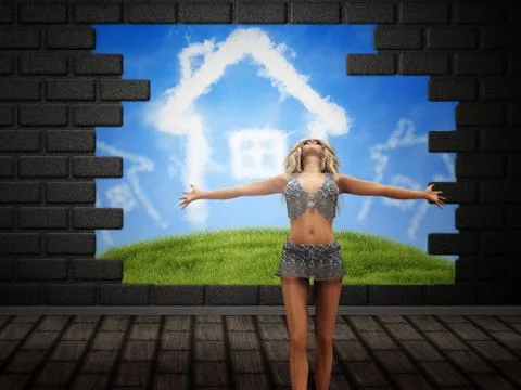 Girl posing over broken brick wall Stock Illustration