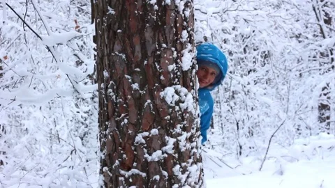 Girl posing in winter forest, hiding behind the tree Stock Footage 71498872