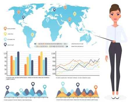 Girl presenting board with data and information infographic, different diagram Stock Illustration