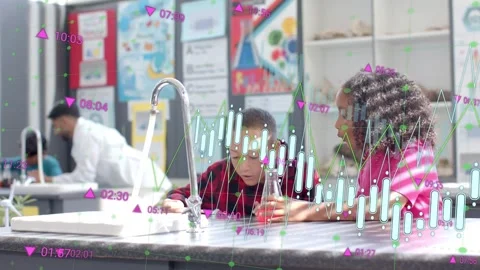 Girl presenting red flask, boy leaning in inspecting for class in science lab, Stock Footage 333837951