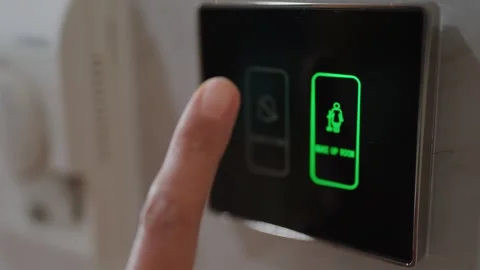 Girl presses button on digital device in hotel, personal space category symbol	 Video stock 273134707