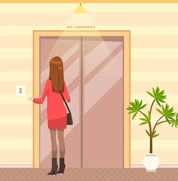 Girl presses elevator call button. Female passengers standing next to door of Stock Illustration