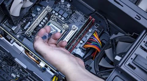 Girl programmer apply thermal paste on the computer processor, 스톡 사진