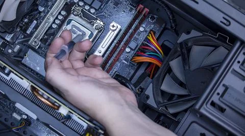 Girl programmer apply thermal paste on the computer processor, Foto stock