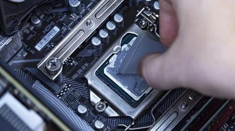 Girl programmer apply thermal paste on the computer processor, Stock Photos