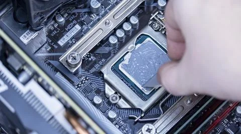 Girl programmer apply thermal paste on the computer processor, Stock Photos