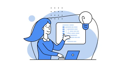 Girl-programmer. HTML language, code. Blue colors. 2d animation. Looped video. Stock Footage 168307021