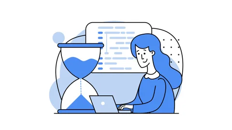 Girl programmer. HTML on screen. Deadline. Hourglass. 2D Looped video Stock Footage 167832370