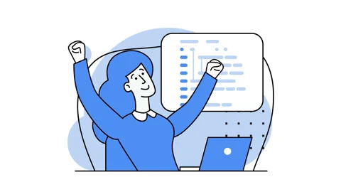 Girl programmer raised her hands up in joy. JavaScript, PHP, HTML. Looped video. Stock-Footage 168364416