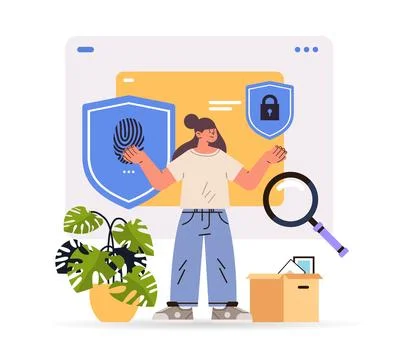 Girl programmer using computer app to develop new security system personal Stock-Illustration