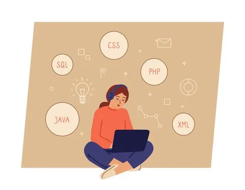 Girl programming. Programmer working, female character with laptop and Stockillustratie