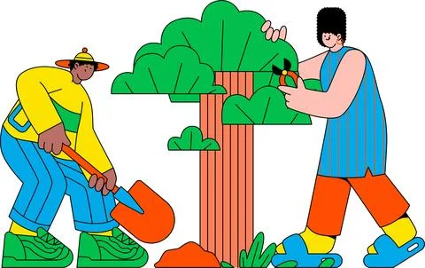 Girl Pruning Tree and Boy Digging Soil Under Tree Illustration - Tree Care Stock Illustration