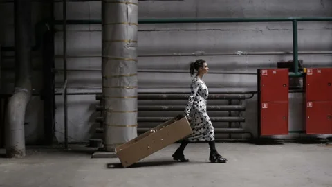 Girl is pulling the box Video stock 90431079