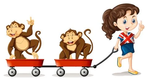 Girl pulling monkeys on the carts Stockillustratie